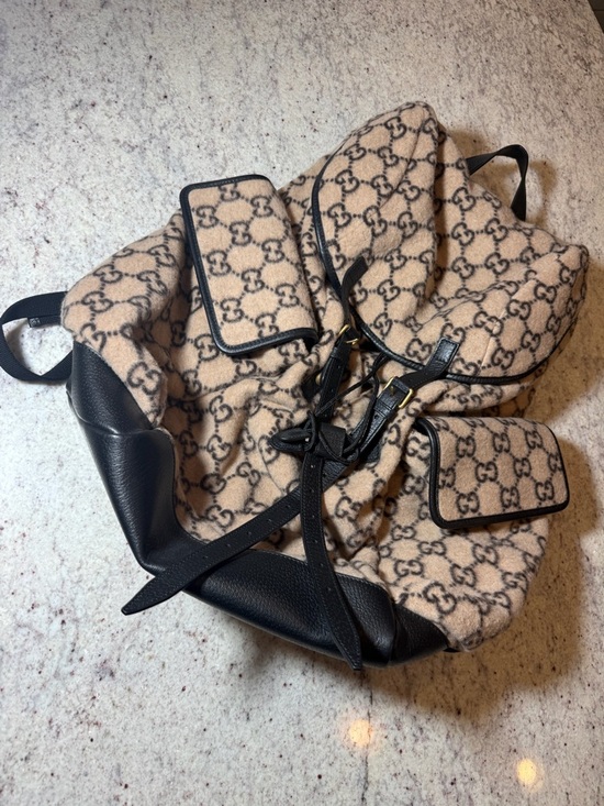 Gucci Other - Gucci Black Leather Trim Backpack with Beige Monogram Detail